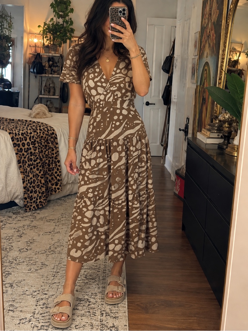Cabi Size S Brown Cream Animal Print Cutout Maxi Dress